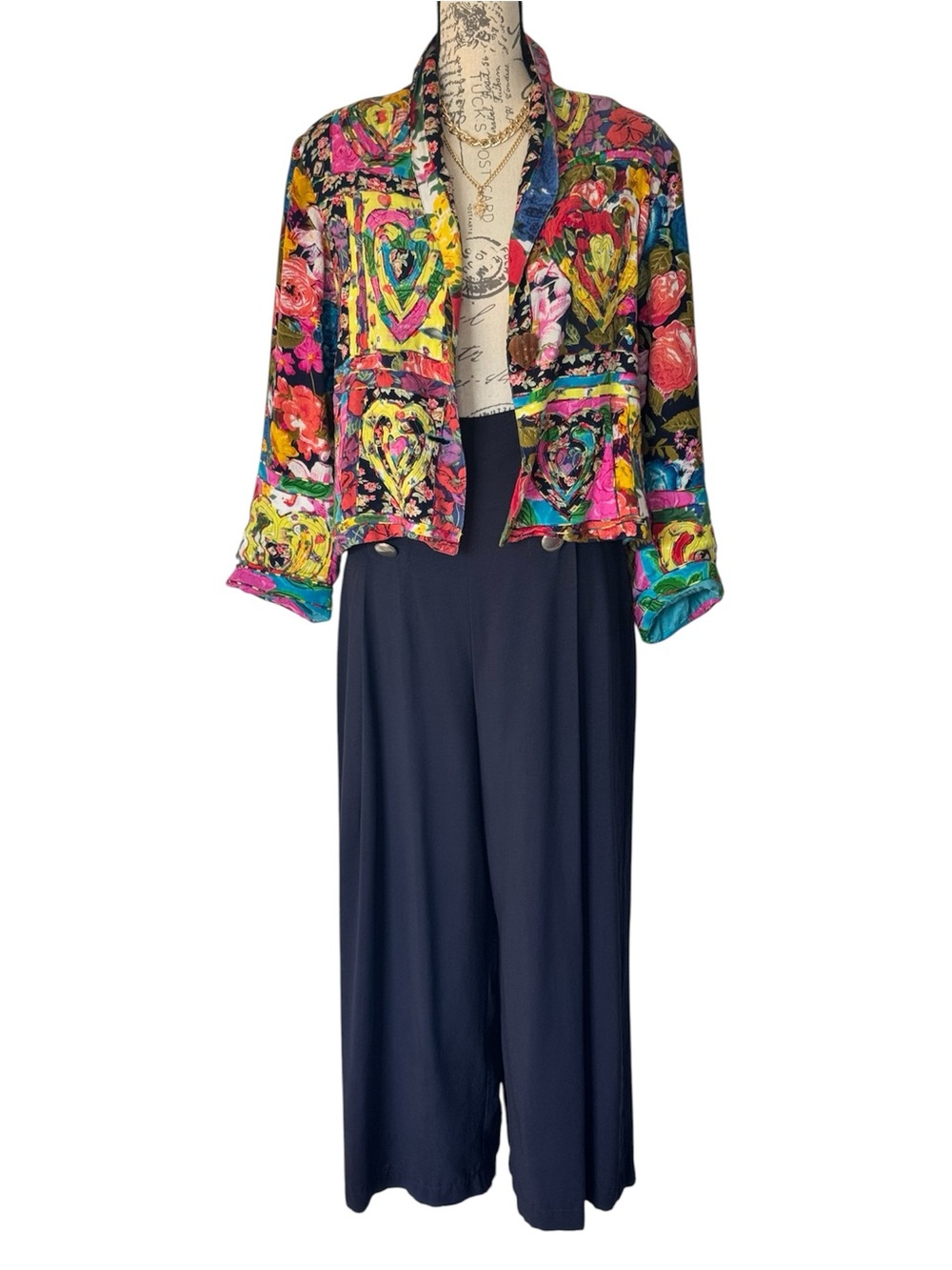 Sandy Starkman Heart Motif Floral Patchwork Jacket Blazer Large 1 Button Granny - Picture 4 of 9